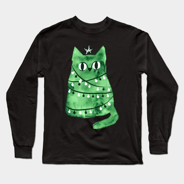 Watercolor green Christmas cat Long Sleeve T-Shirt by kostolom3000